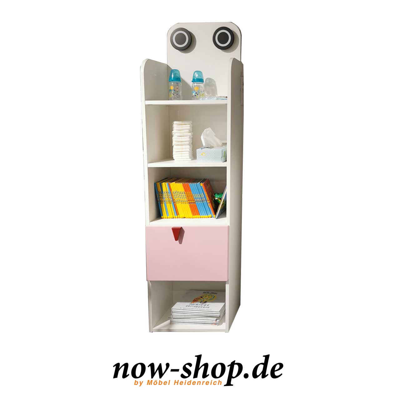 now! by hülsta – minimo Regal mit rosa Akzent Ausstellungstück Regal mit zwei runden Augen bzw. Haken oben, vier offenen Fächern und einer rosa Klappe mit rotem Zähnchen als Griff.