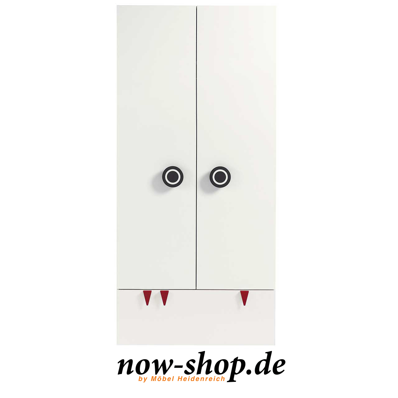 now! by hülsta – minimo Kleiderschrank Schneeweiß 51223 Frontalaufnahme Weißer zweitüriger Kinderkleiderschrank. Unten eine Schublade. Frontal fotografiert.