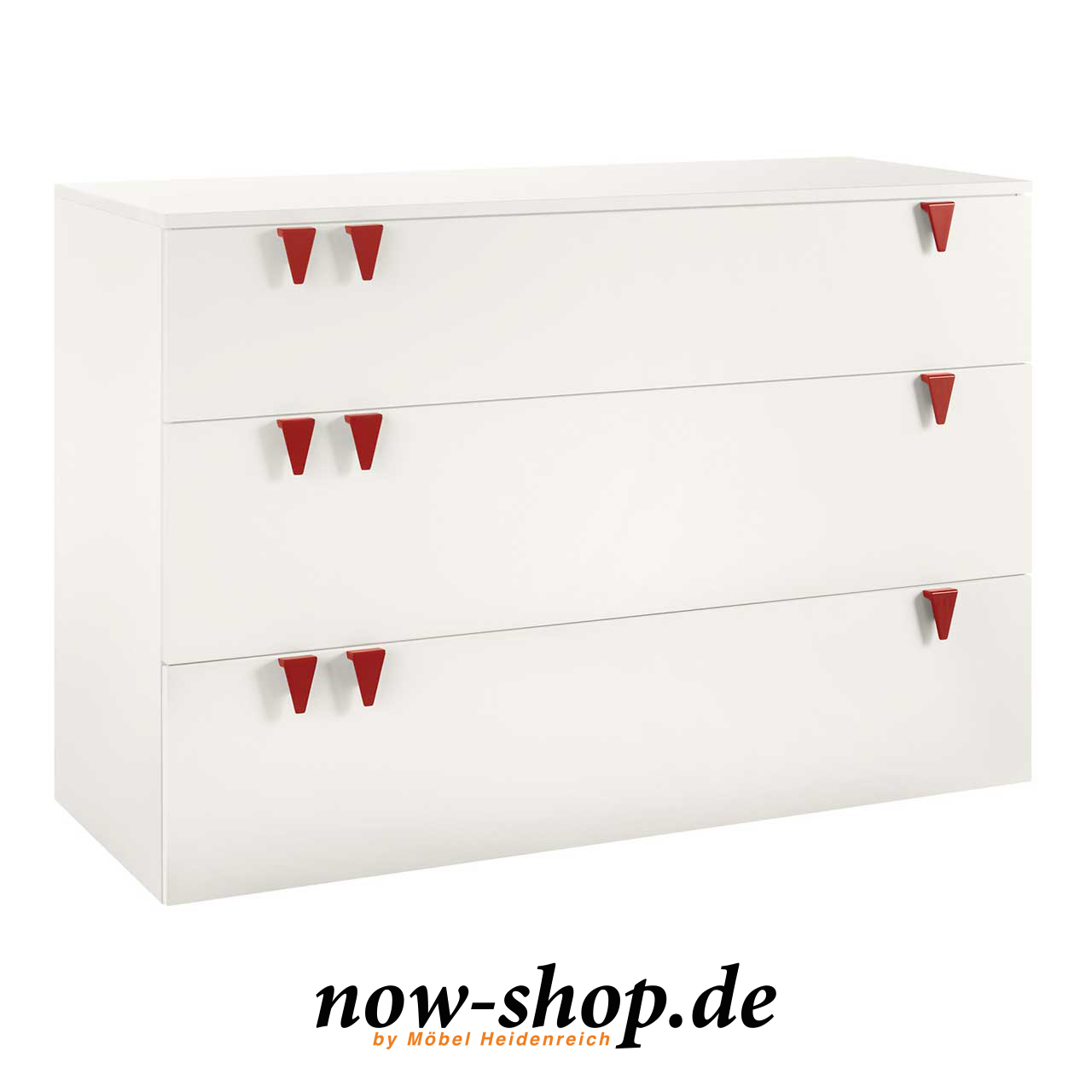 now! by hülsta - minimo Kommode Schneeweiß 55933 Breite weiße Kinderkommode mit drei Schubladen seitlich fotografiert. An jeder Schublade sind drei rote Zähnchen.