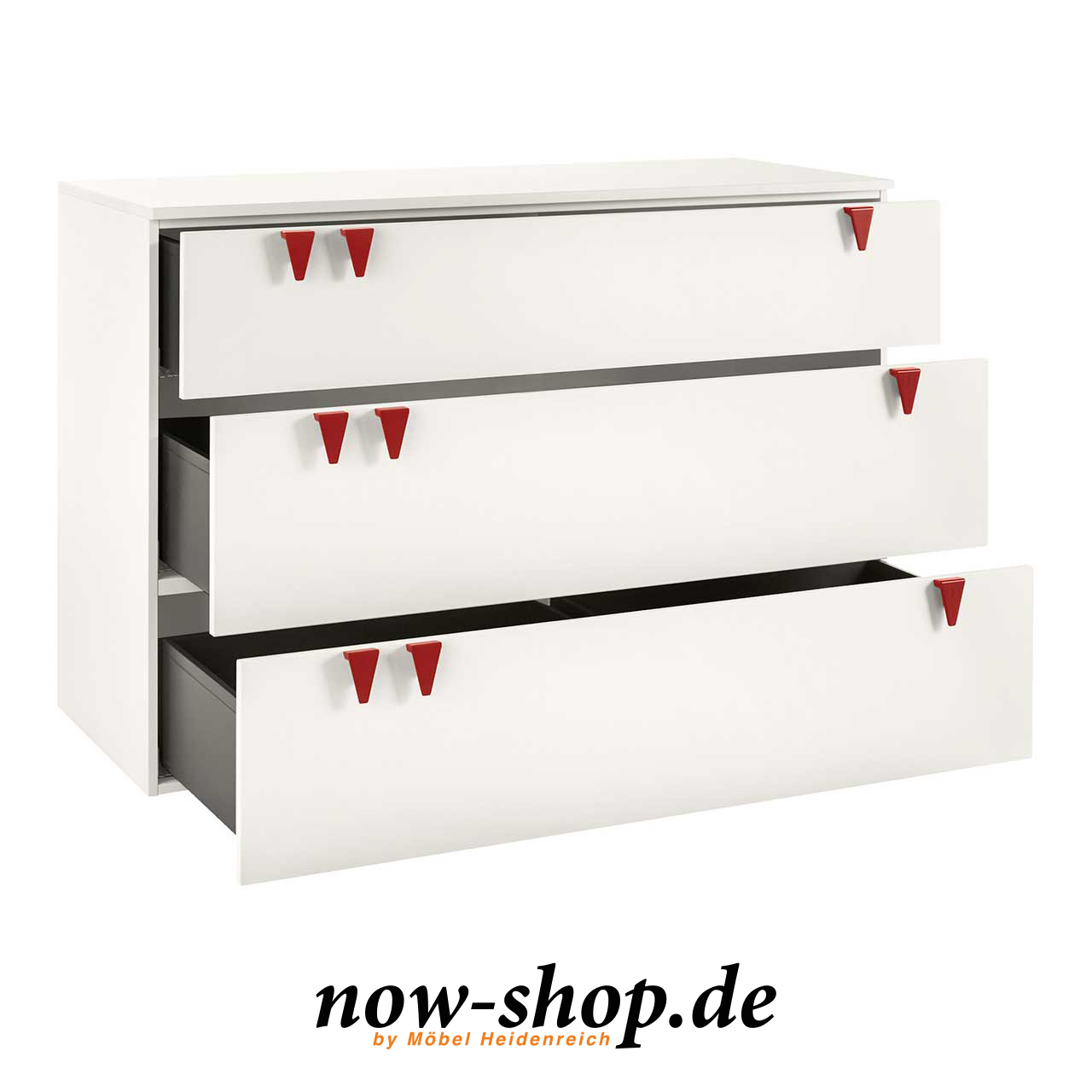 Breite weiße Kinderkommode mit geöffneten Schubladen. now! by hülsta - minimo Kommode Schneeweiß 55933 geöffnet