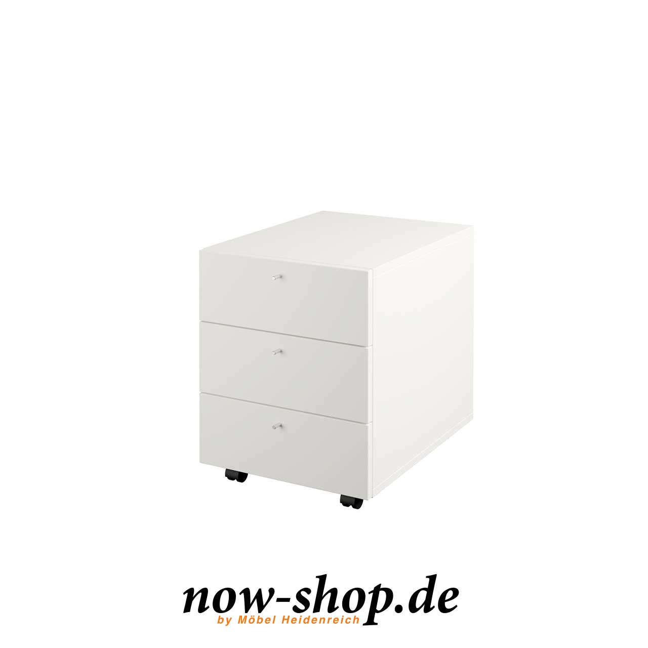 now! by hülsta - easy Rollcontainer 1570L Weißer Rollcontainer mit drei Schubladen mit Metallknauf und schwarzen Rollen.