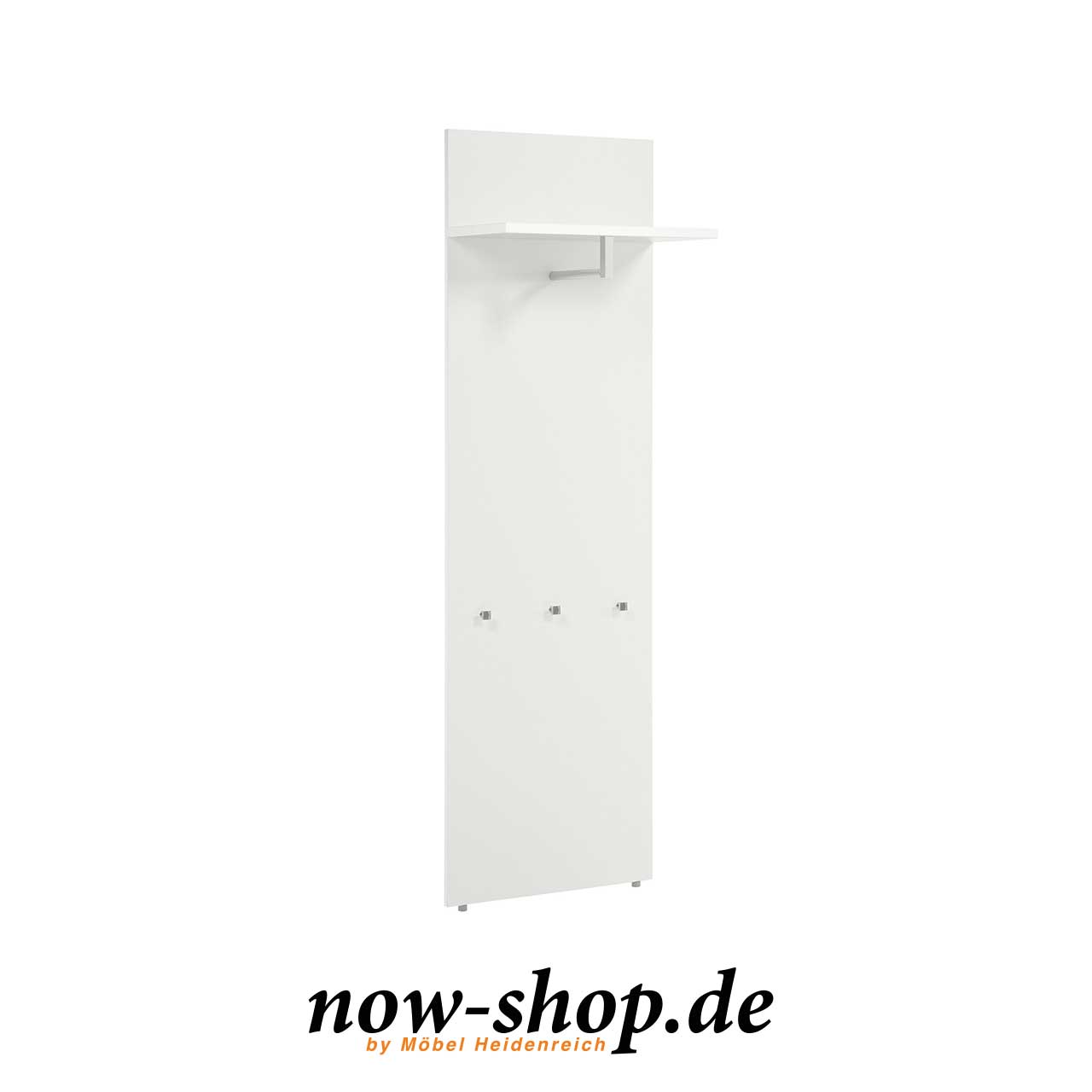 now! by hülsta – Garderobenpaneel 41243 weiß Weißes Garderobenpaneel mit Hutablage oben, Garderobenstange und drei Taschenhaken unten in seitlicher Ansicht.