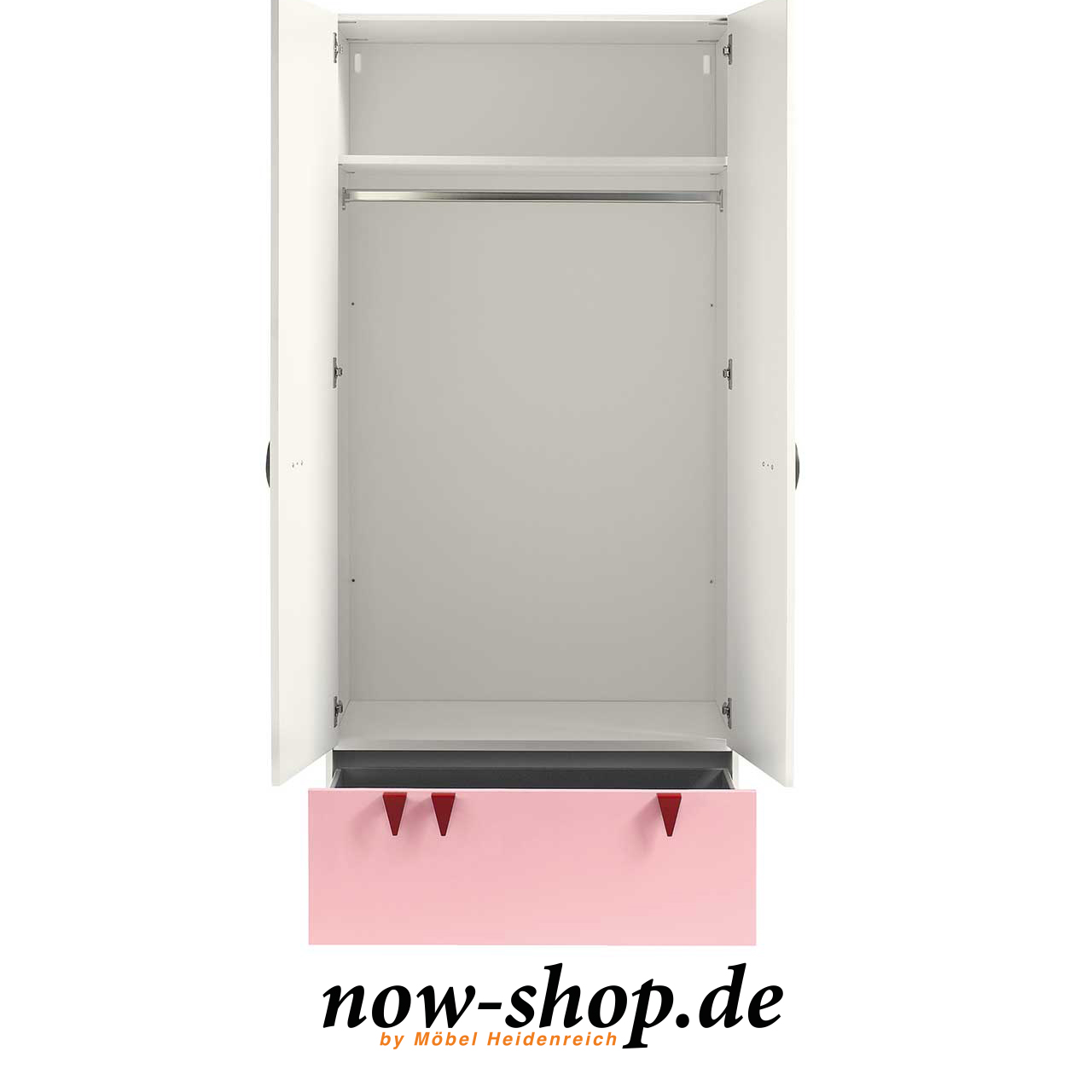 now! by hülsta - minimo Kleiderschrank 51224 mit hellrosa Schublade geöffnet Kinderkleiderschrank mit geöffneten Türen. Man sieht oben ein Fach, darunter 1 Kleiderstange, die rosa Schublade unten ist geöffnet.
