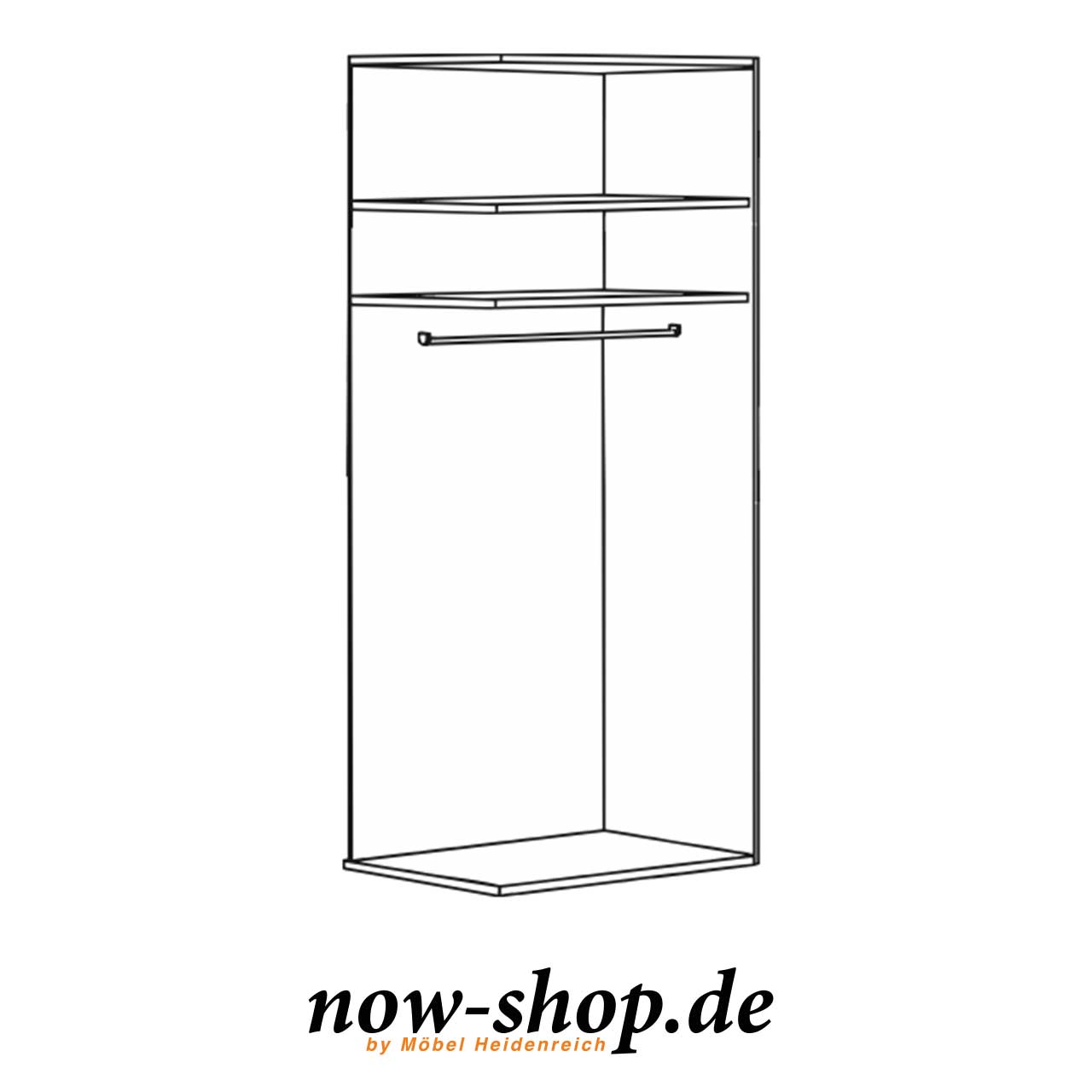 now! by hülsta – flexx Kleiderschrank Anbauelement 7112 Skizze des breiten Anbauelementes. Kein Seitenteil links und keine Tür, zwei Einlegeböden und eine Kleiderstange.