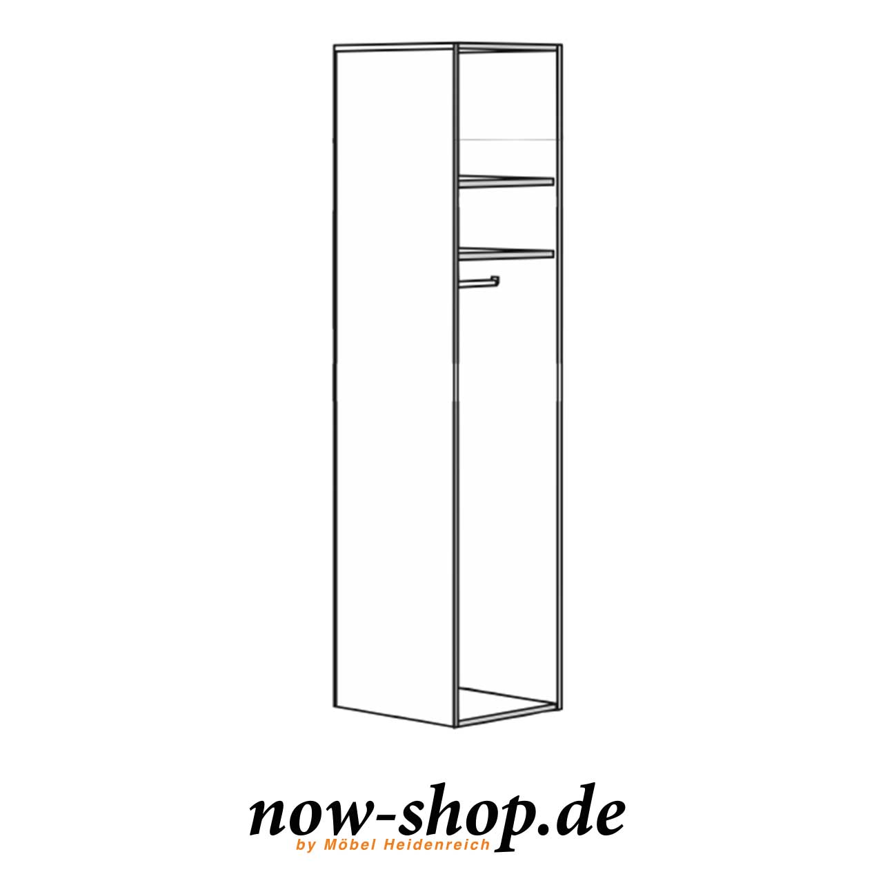 now! by hülsta – flexx Kleiderschrank Grundelement 7502 Skizze des Grundelementes, Korpus ohne Tür, zwei Einlegeböden und eine Kleiderstange sind enthalten.