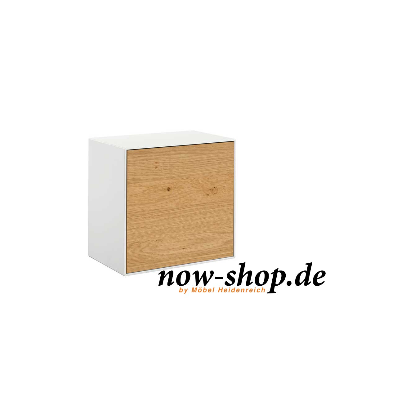 Quadratische weiße Box mit Tür in heller Eiche.