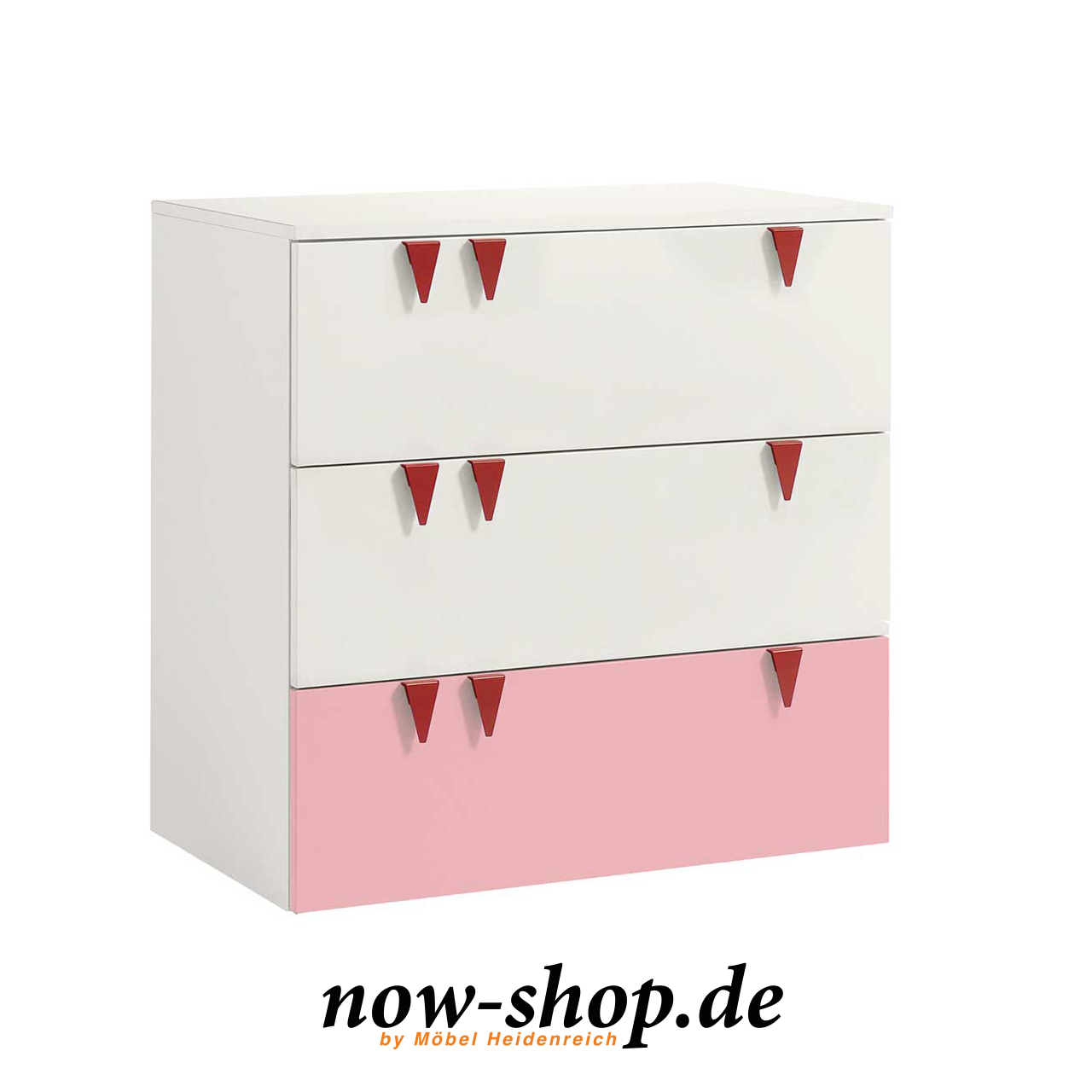 now! by hülsta – minimo Kommode Akzent Hellrosa 55924 Weiße Kinderkommode mit drei Schubladen, unterste Schublade mit rosa Front . An jeder Schublade sind drei rote Dreiecke. Seitlich fotografiert.