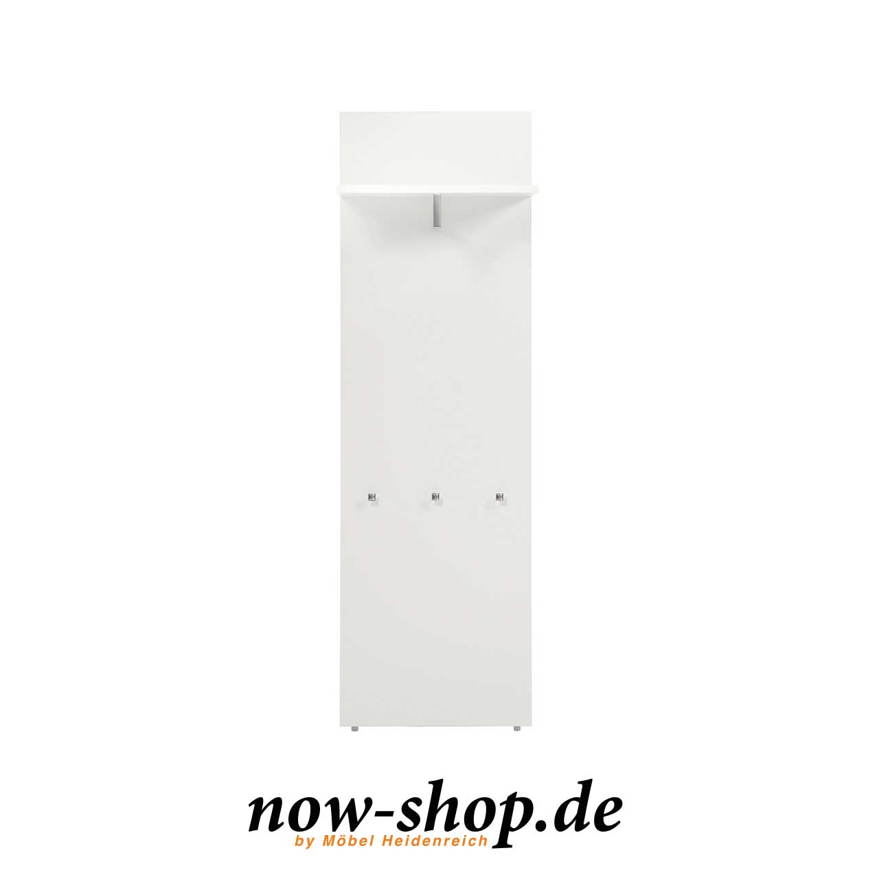 now! by hülsta – Garderobenpaneel 41243 frontal Weißes Garderobenpaneel mit Hutablage oben, Garderobenstange und drei Taschenhaken unten in Frontalansicht.
