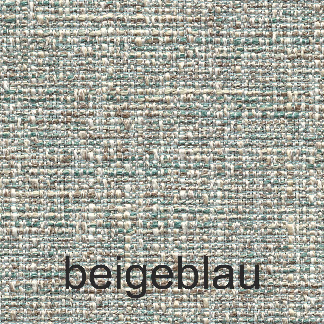 Detailansicht des Stoffmusters Strukturstoff Beigeblau. Stoffmuster Beigeblau: Detailansicht der Stoffstruktur mit Fäden in verschiedenen Blautönen und Brauntönen.