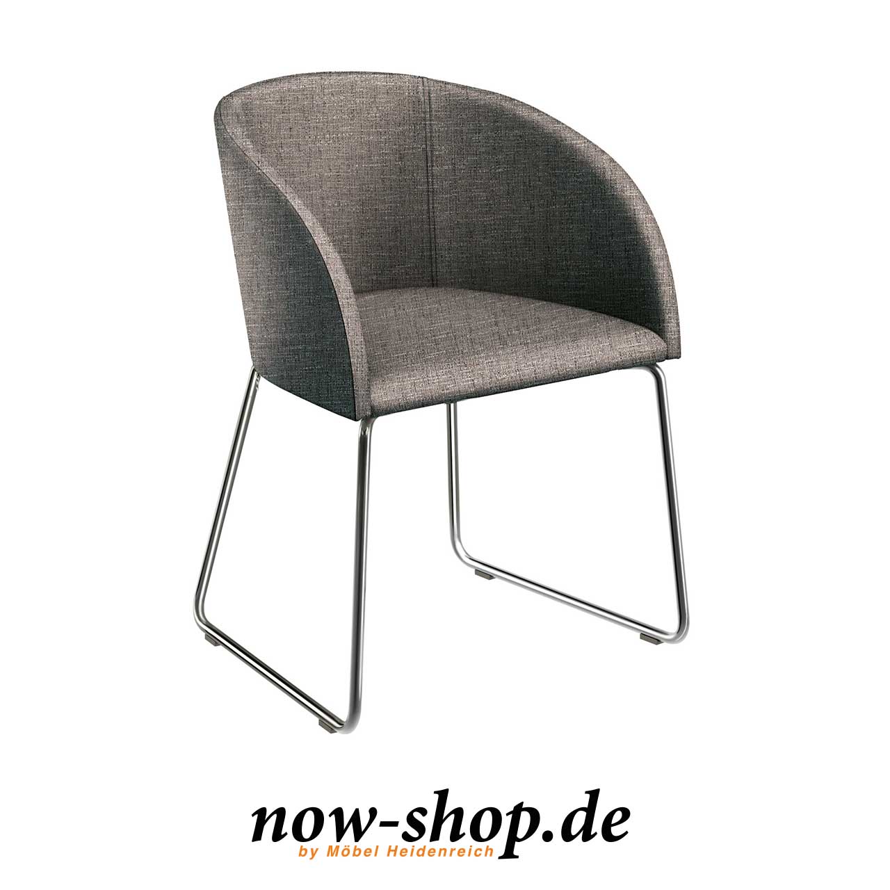 Schalenstuhl mit trapezförmigen hochglänzenden Kufen und Bezug Stoff taupe. Schalenstuhl mit trapezförmigen hochglänzenden Kufen und Bezug Stoff taupe.
