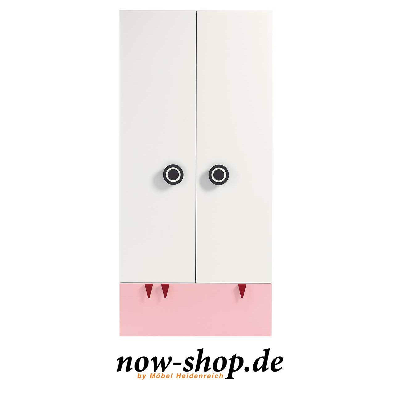 now! by hülsta - minimo Kleiderschrank 51224 mit hellrosa Schublade Frontalaufnahme Weißer Kinderkleiderschrank mit zwei Türen und Schublade mit rosa Front unten. An den Türen sind runde schwarze Griffe. An der Schublade drei rote Zähnchen. Frontal fotografiert.