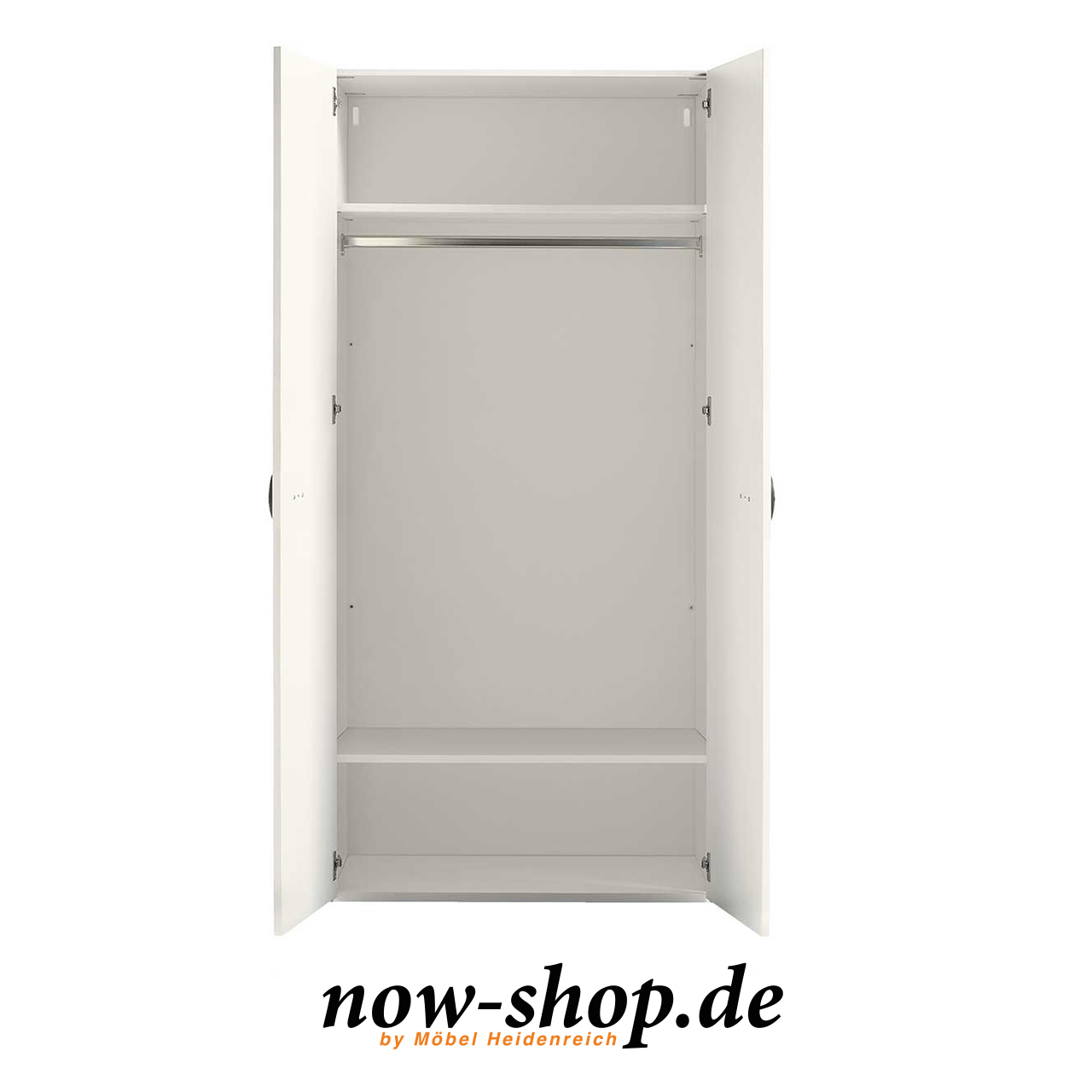 now! by hülsta – minimo Kleiderschrank zweitürig weiß 51203 offen Weißer Kinderkleiderschrank mit zwei geöffneten Türen. Es sind oben und unten je ein Einlegeboden sowie eine Kleiderstange sichtbar.