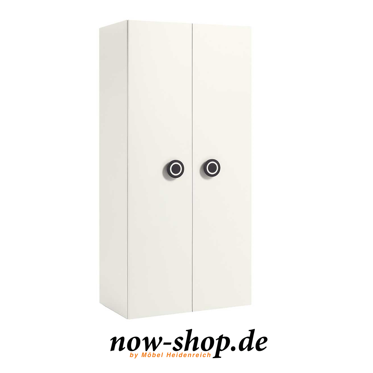 now! by hülsta – minimo Kleiderschrank zweitürig weiß 51203 Weißer Kinderkleiderschrank mit zwei Türen und runden schwarzen Knöpfen als Türknauf, seitlich fotografiert.