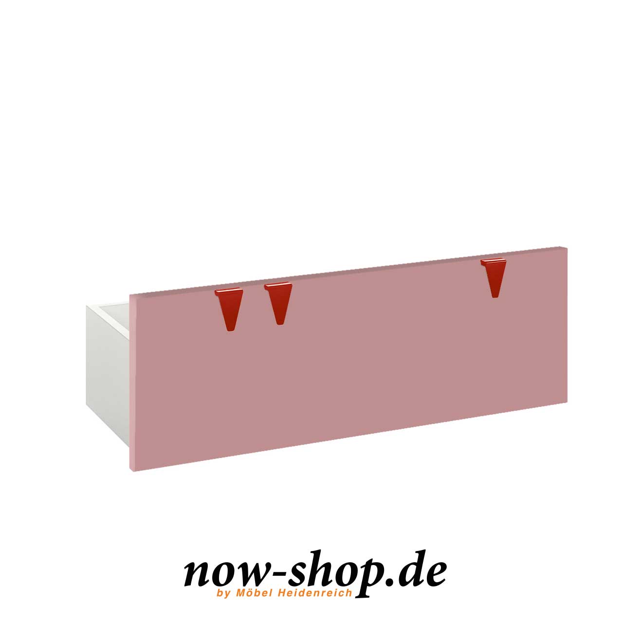 Stauraumbox mit rosa Front und drei roten Zähnchen als Griffe.