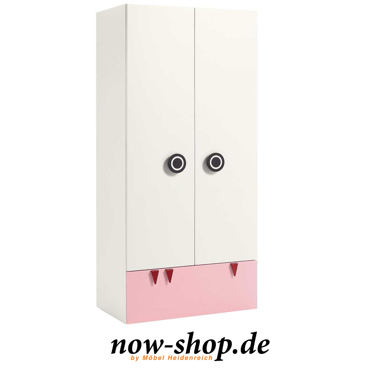 now! by hülsta - minimo Kleiderschrank 51224 mit hellrosa Schublade Weißer Kinderkleiderschrank mit zwei Türen und Schublade mit rosa Front unten. An den Türen sind runde schwarze Griffe. An der Schublade drei rote Zähnchen. Seitlich fotografiert.