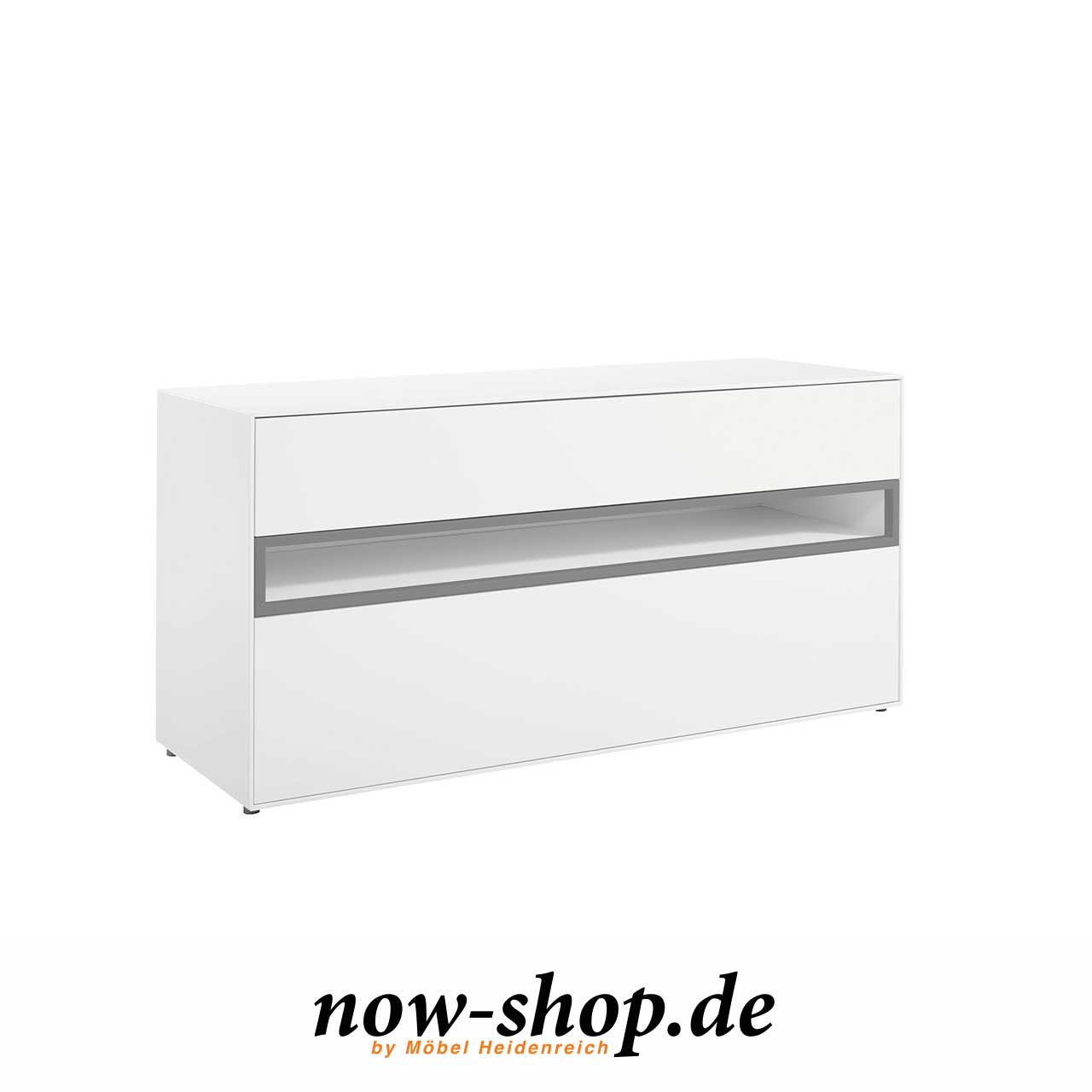 now! by hülsta easy Baukasten 44114 Breiter weißer Baukasten mit grauem Rahmen als Akzent um das offene Fach in der Mitte. Oben ist eine Schublade und unter dem offenen Fach eine weitere höhere Schublade.