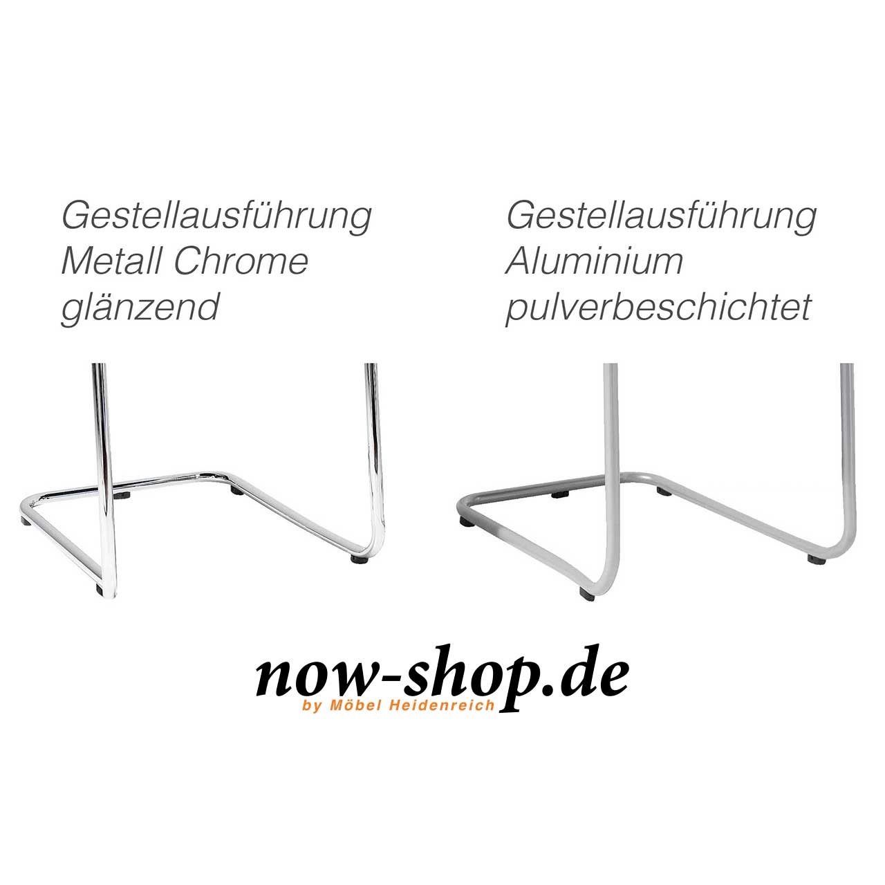 Gestelle im Vergleich nebeneinander: Links glänzend in Chrom und recht matt in Aluminium.