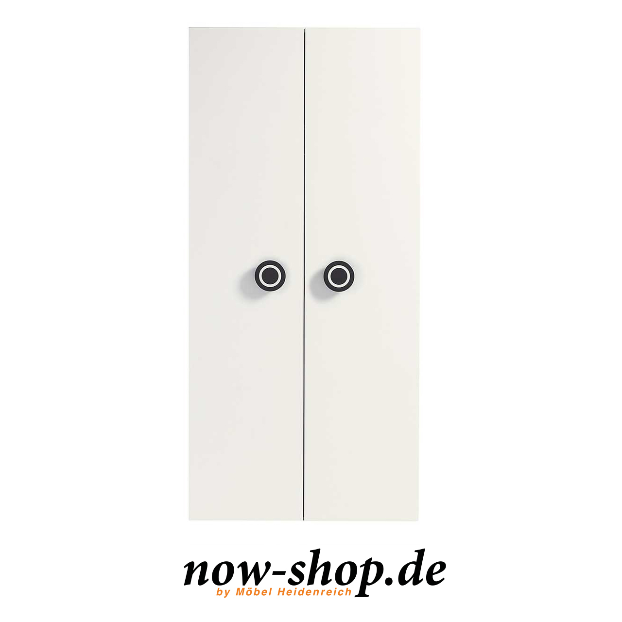 now! by hülsta – minimo Kleiderschrank zweitürig weiß 51203 Frontal Weißer Kinderkleiderschrank mit zwei Türen und runden schwarzen Knöpfen als Türknauf, frontal fotografiert.