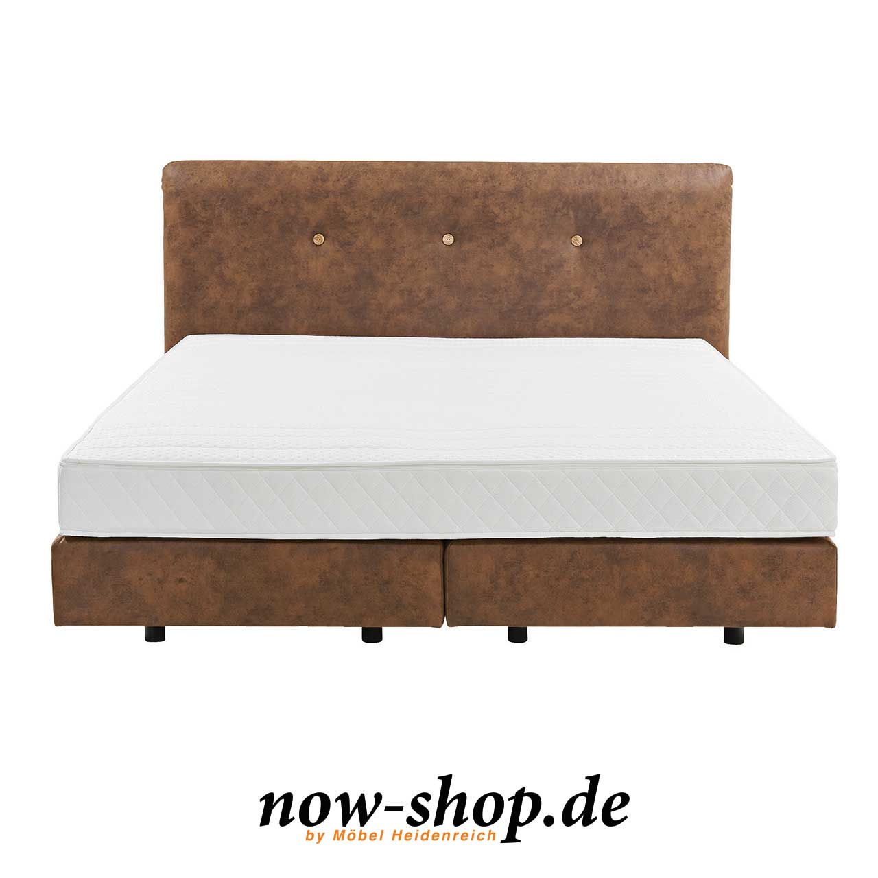 Boxspringbett in Kunstleder Vintage kastanienbraun in Frontalansicht. 