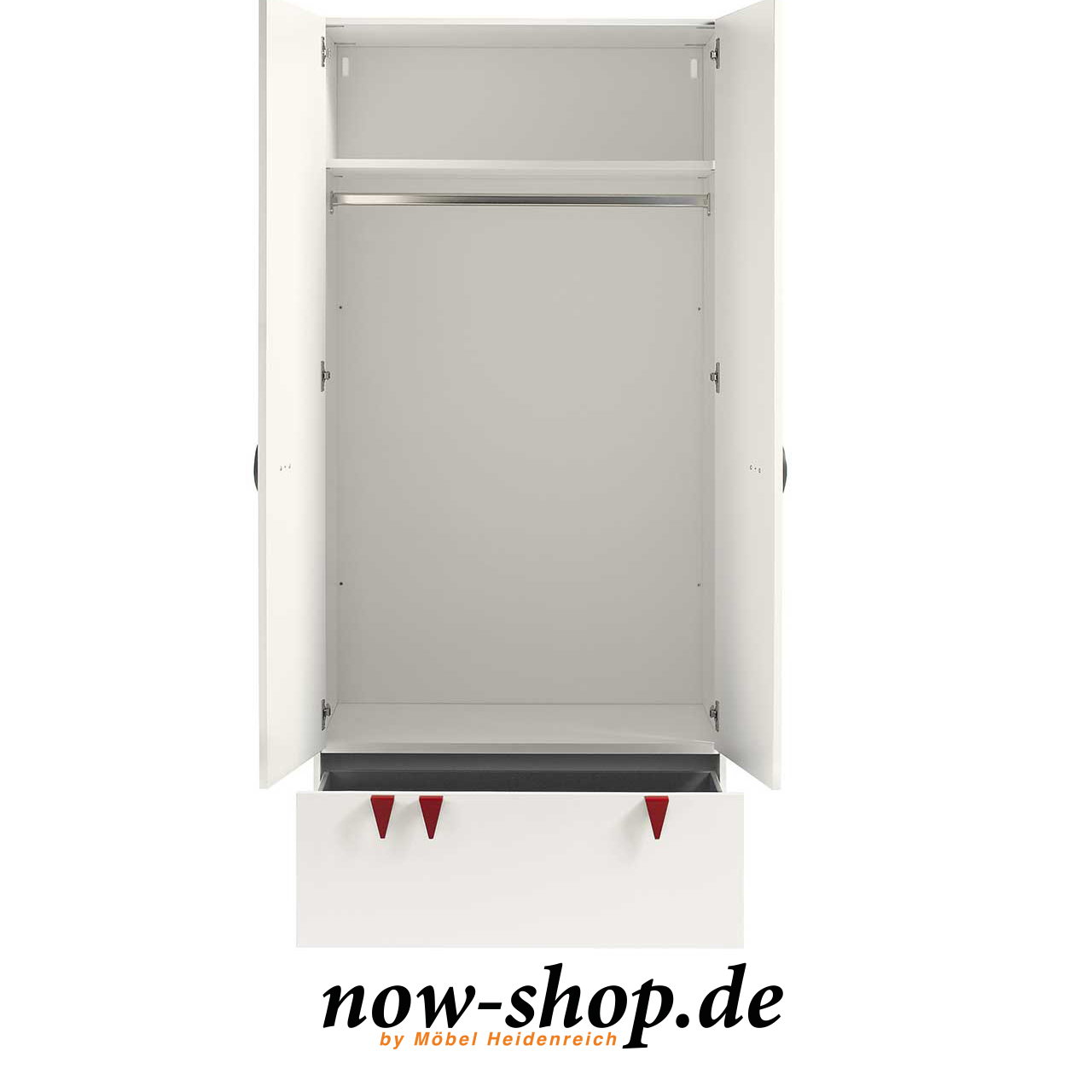 now! by hülsta - Kleiderschrank Innenausstattung Geöffneter weißer Kleiderschrank. Man sieht eine Kleiderstange und oben ein Fach. Unten ist die Schublade geöffnet.